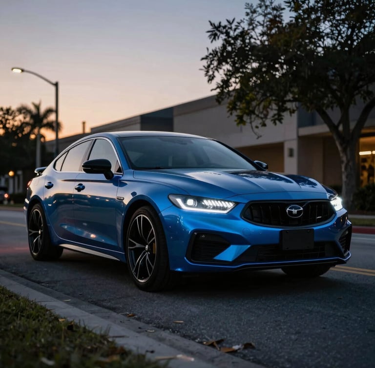 Low-angle heroic shot of a sleek modern sedan parked on an Orlando street under dramatic twilight lighting, metallic body contours highlighted by electric blue neon glow