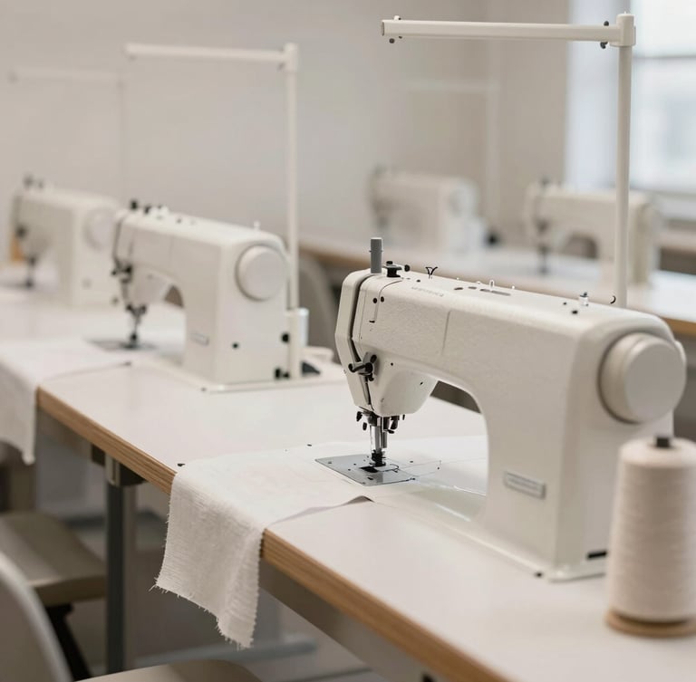 Clean organized textile production line, high-end sewing machines, minimalist factory setting, soft lighting, neutral tones, 35mm