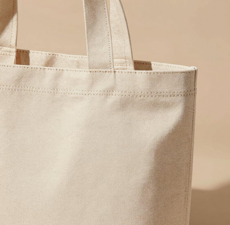 Close-up of premium canvas tote bag stitching, clean minimalist aesthetic, soft natural daylight, warm sand tone background, high-end editorial look, 35mm
