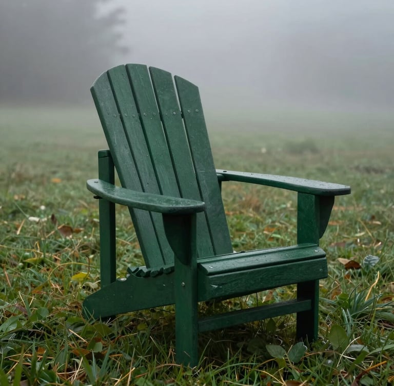 A heavy forest green Adirondack chair resting on a misty, damp lawn at dawn, moody morning fog, rich wood texture, 35mm lens
