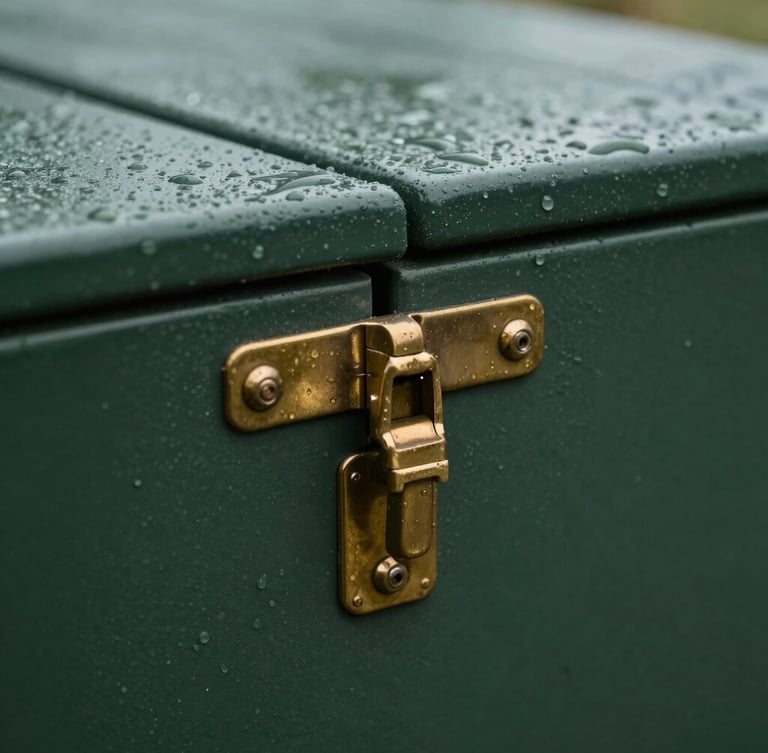 A close-up portrait of a heavy-duty brass hinge on a dark forest green resin storage bench, damp with morning dew, rich textures, overcast light.