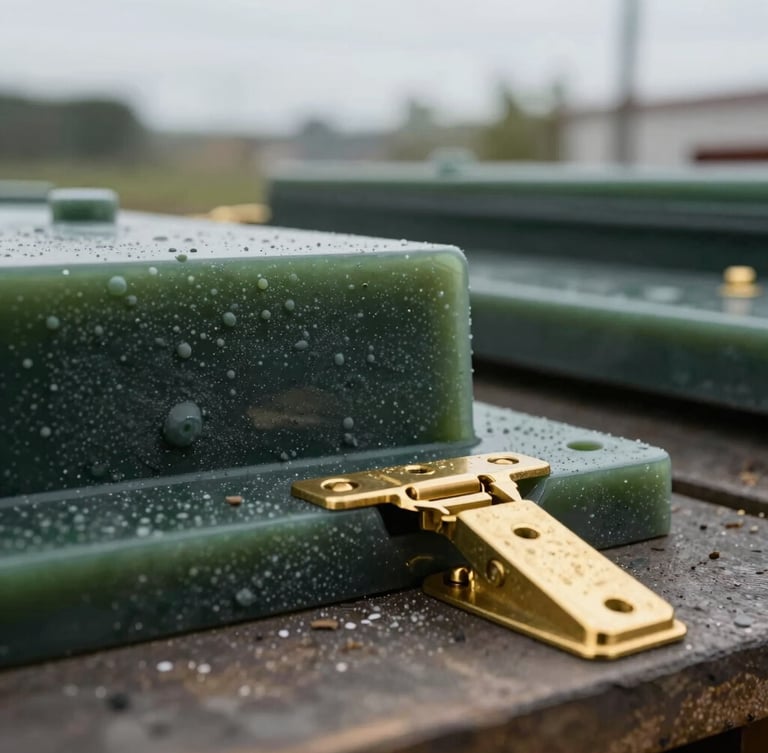 Close-up of thick industrial-grade resin textures and heavy-duty brass hinges on a workbench, soft overcast daylight, rich details.