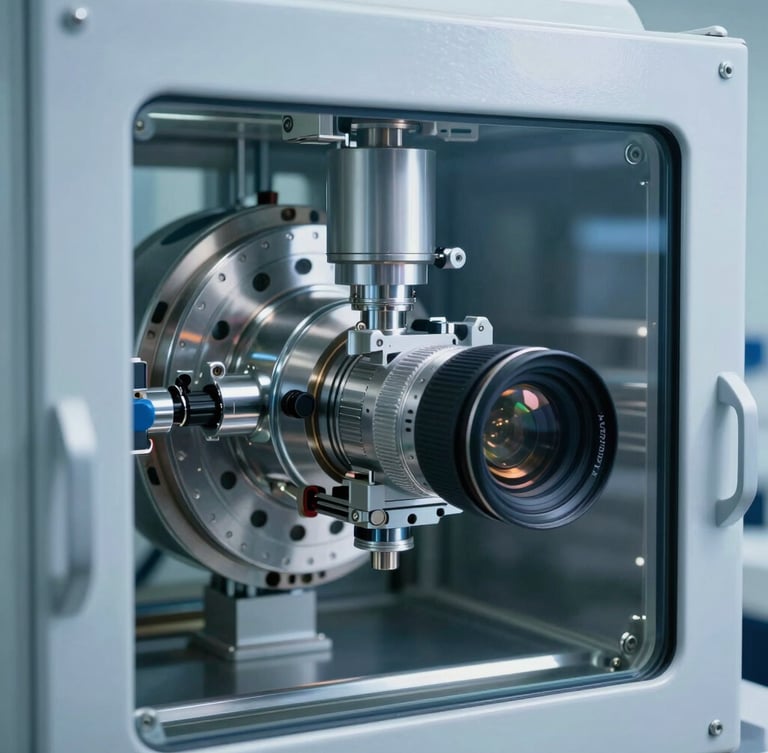 Clinical industrial photography of an environmental test chamber, cool blue and metallic tones, crisp technical studio lighting, 50mm lens