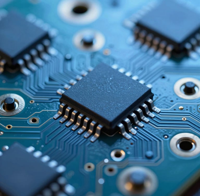 Macro close-up of a high-precision circuit board under cool clinical blue studio lighting, showing metallic solder joints and microchips.