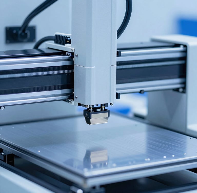 Clinical industrial photography of automated SMT line running under cool blue studio lights, high-speed pick-and-place head in sharp focus, metallic surfaces, 50mm lens