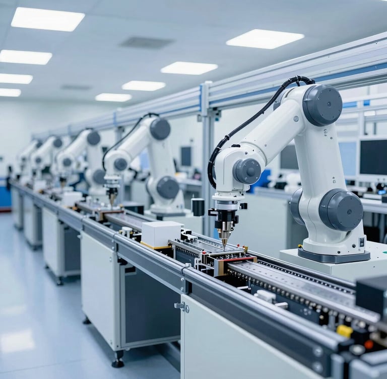 Wide-angle clinical industrial photography of a state-of-the-art SMT assembly line, robotic arms in motion, clean white and slate gray machinery, bright cool lighting, pristine floor
