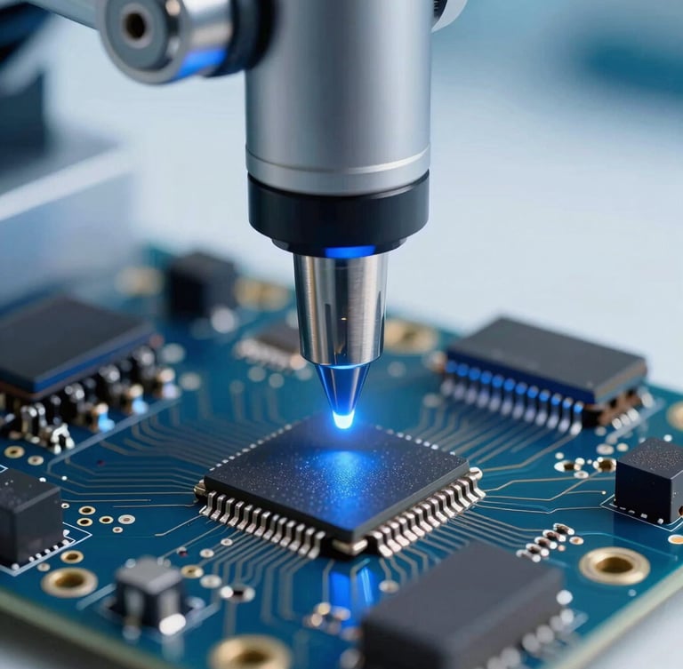 Macro close-up of a robotic nozzle placing a micro-chip onto a circuit board, clinical blue LED lighting, sharp reflections on metallic solder joints, 50mm lens