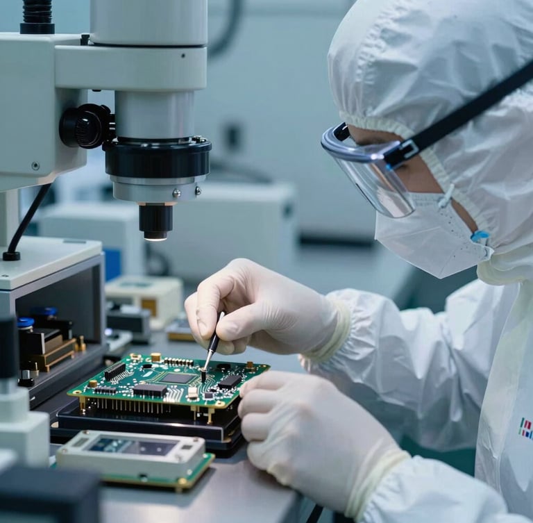 A high-magnification portrait shot of a technician in cleanroom protective gear inspecting a high-precision circuit board under clinical blue and white highlights, metallic surfaces, sharp focus