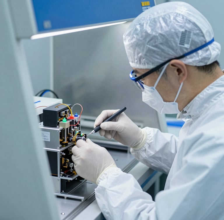 Technician in white cleanroom suit and mask assembling complex optoelectronic device under a laminar flow hood, clinical blue highlights