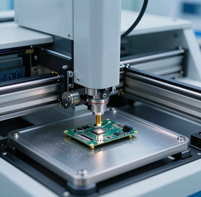 An automated SMT pick-and-place machine in motion, placing microscopic components on a PCB, cool clinical studio lighting.