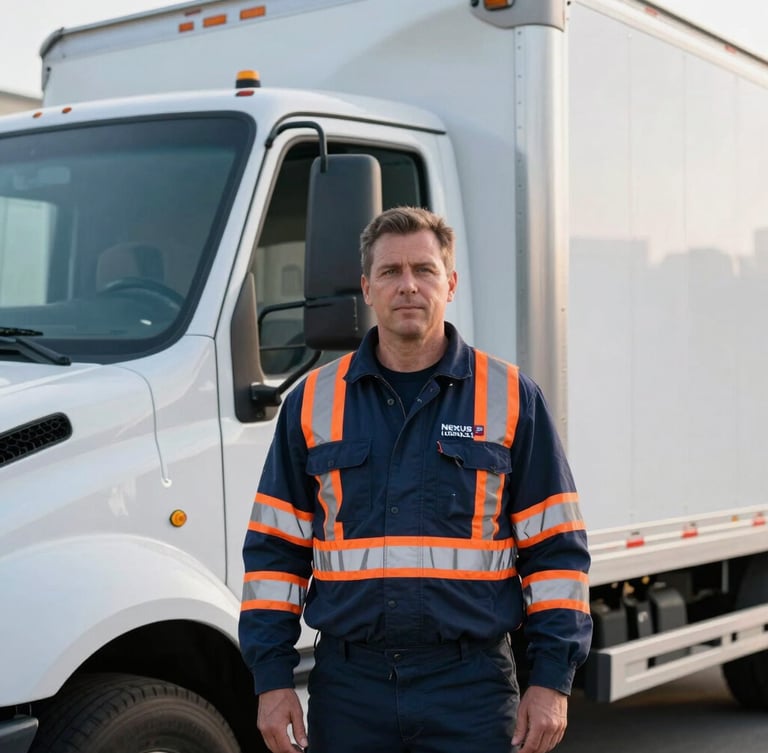 Portrait of a professional Nexus Group LLC driver in high-visibility gear, standing confidently beside a clean, modern box truck, secure cargo tie-downs visible, crisp morning light, deep navy and safety orange tones, sharp focus, 35mm.