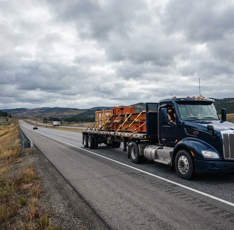 Wide environmental shot of a modern flatbed truck with secured cargo tie-downs on a highway at crisp morning light, high-contrast overcast daylight, professional driver visible in high-visibility gear, deep navy and safety orange tones, sharp focus, 35mm, vehicle on the right third, expansive sky