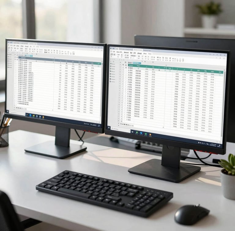 Modern clean workspace with dual monitors displaying structured financial ledgers and spreadsheets, cool natural morning light, sharp focus, professional corporate editorial style.