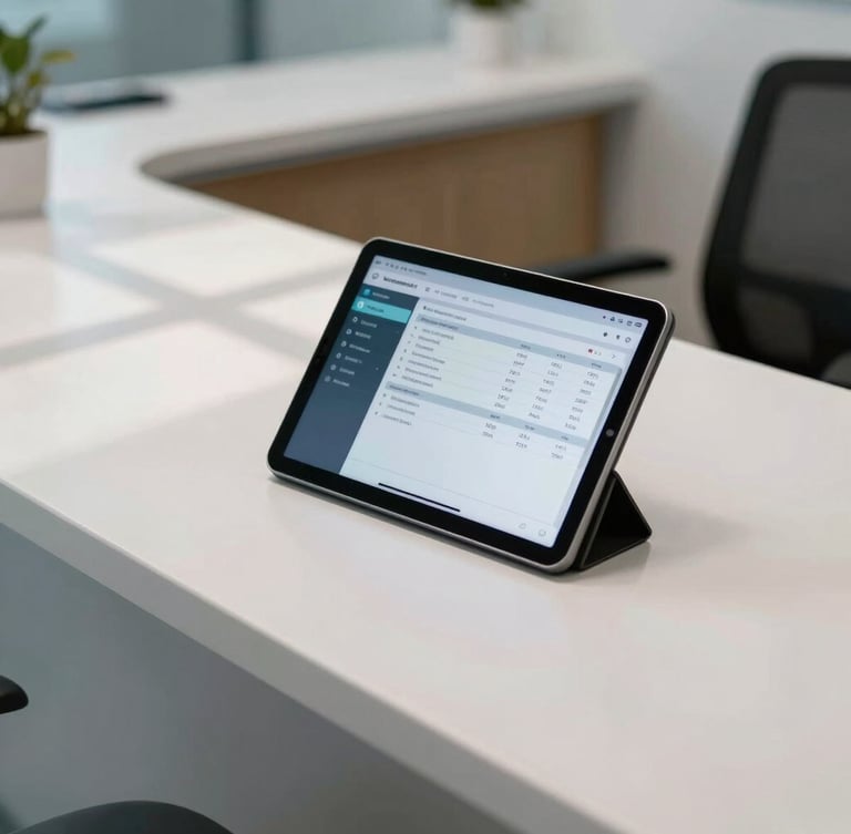 A clean, modern medical reception desk with a tablet displaying scheduling software, soft architectural shadows, professional clinical environment.
