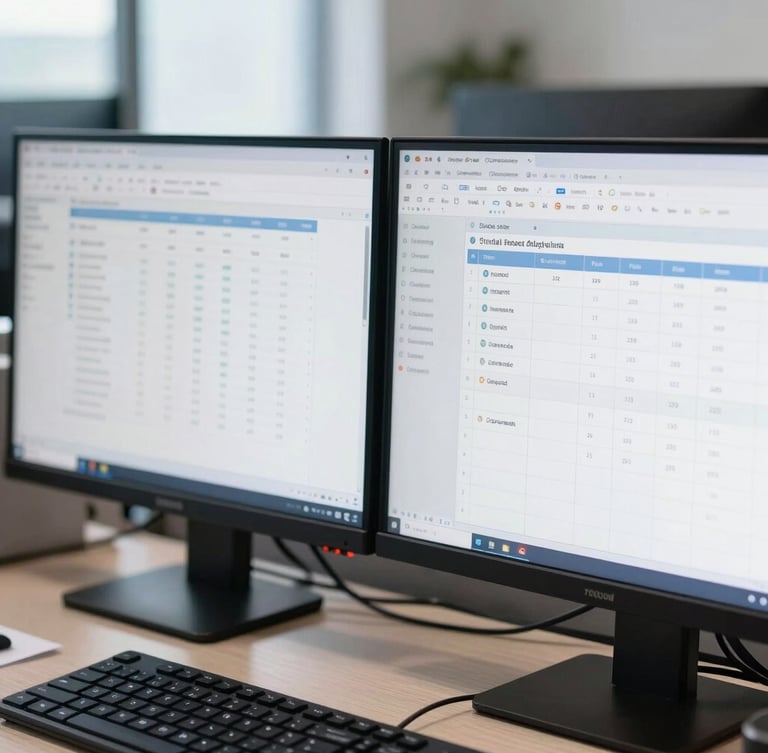 Close-up of dual-monitor setup in a bright US accounting firm, displaying clean financial spreadsheets and secure cloud accounting software under cool daylight.