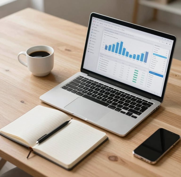 Minimalist workspace with a laptop showing e-commerce analytics charts, a clean notebook, and a cup of coffee on a light oak desk, bright natural lighting.