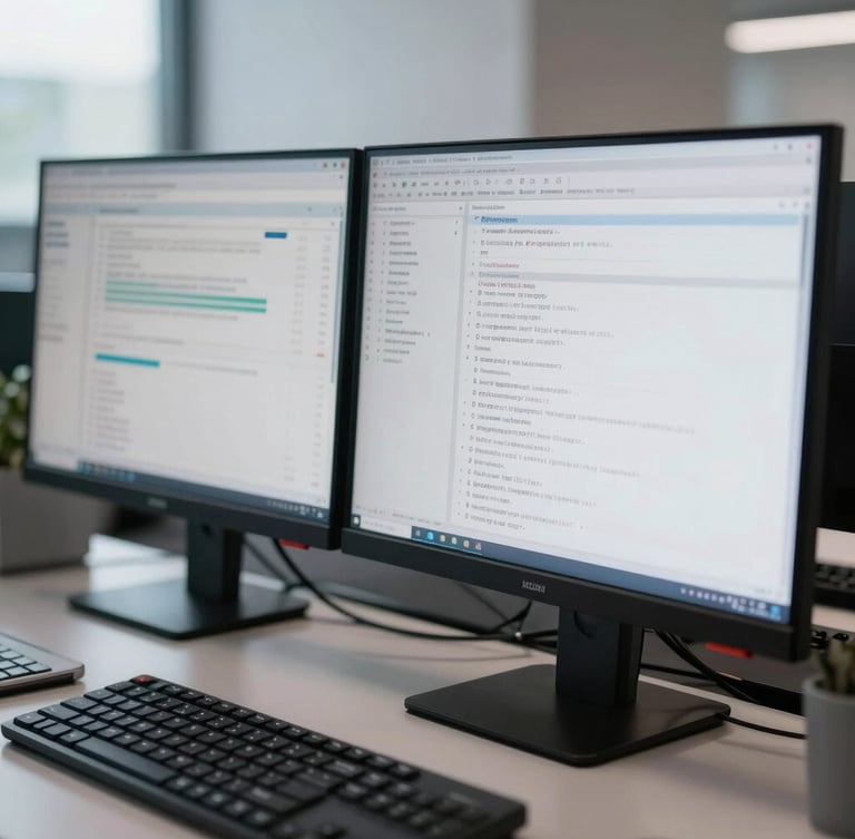 A sharp, close-up of a modern dual-monitor financial workstation, clean ledger dashboards visible on screens, cool morning daylight, professional corporate setting.