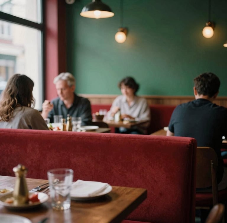 A cozy Scandinavian-style restaurant dining room filled with guests, warm indoor ambient light, high-contrast shadows, rich crimson accents, shallow depth of field