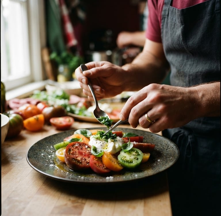 Close-up of hands plating a vibrant heirloom tomato dish, soft side window light, high-contrast shadows, 35mm film style