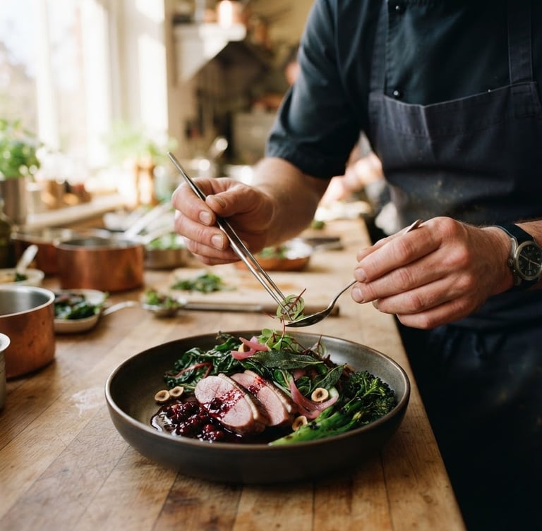 Editorial food photography of a chef's hands plating a fresh dish in a sunlit kitchen, soft natural window light, rich crimson and forest green tones, shallow depth of field, 35mm film