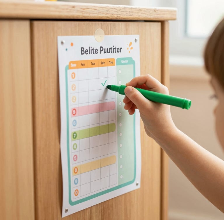 A child's hand holding a green marker, checking off a bedtime step on a colorful, printed routine tracker stuck to a warm wooden cabinet under soft window light.
