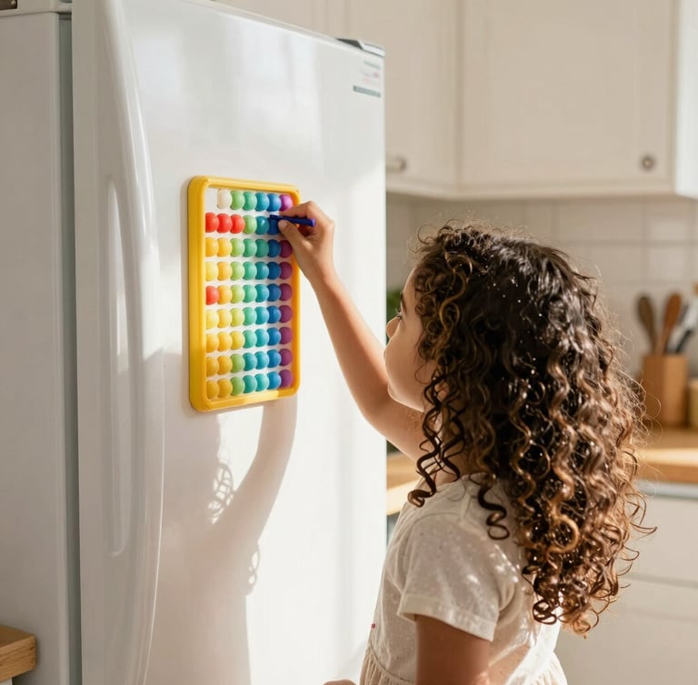 An over-the-shoulder shot of a young girl with curly hair looking up at a colorful habit tracker on a refrigerator, warm morning sunlight flooding the family kitchen, authentic home setting.