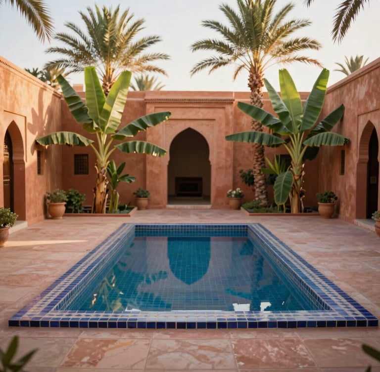 A wide environmental shot of a sun-drenched riad courtyard at morning, soft light reflecting off a central tiled pool, lush banana palms, terracotta walls, warm editorial photography, 35mm.