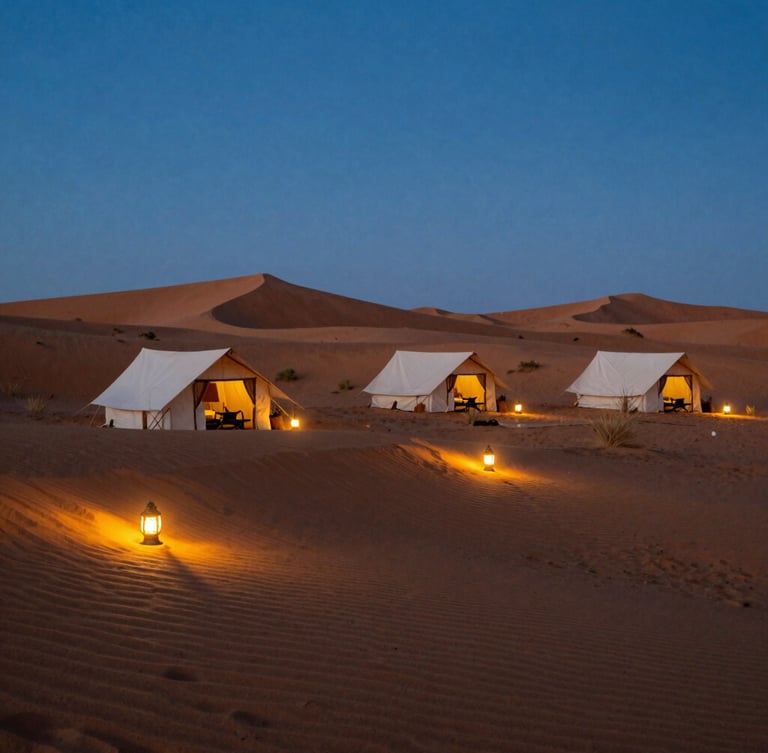 A private luxury desert camp at dusk in Erg Chebbi, glowing lanterns casting warm light on sand dunes, deep cobalt sky, 35mm warm editorial photography.