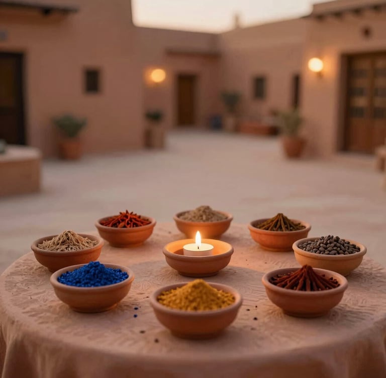 A private riad courtyard table set with spices in small terracotta bowls, warm candlelight, soft focus, editorial style