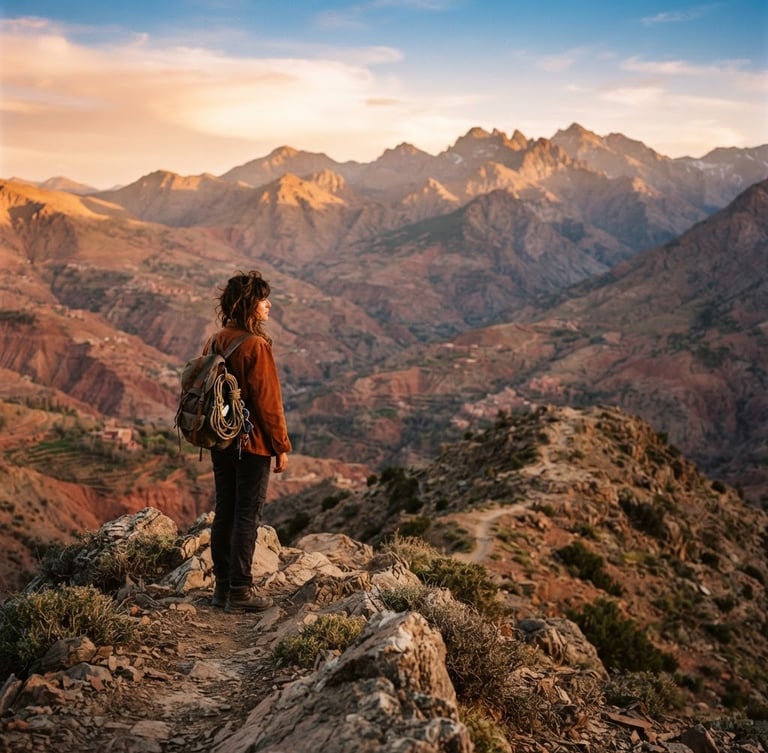 A single traveler standing on a high mountain ridge in the Atlas Mountains during golden hour, looking out over sweeping terracotta-colored valleys and distant peaks, warm soft light, 35mm editorial photography