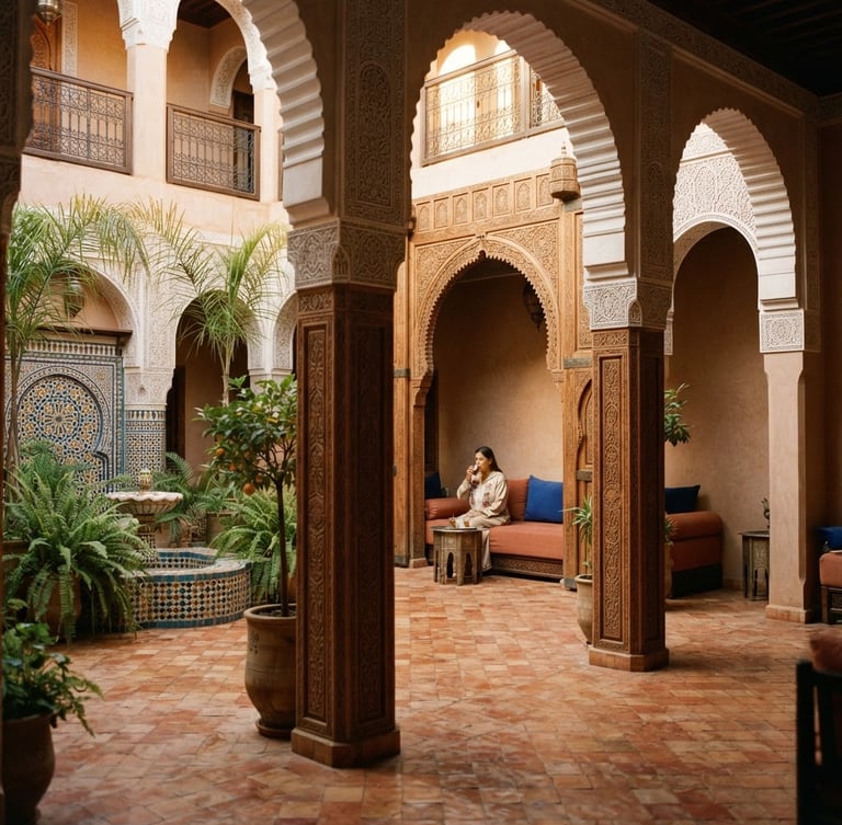 A sun-drenched riad courtyard in Fes with hand-carved cedar wood details, warm morning light filtering through arches, terracotta tiles, 35mm photography.