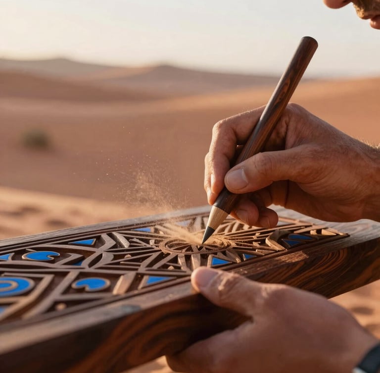 Hands of an artisan carving intricate patterns into dark cedarwood, dust catching soft morning window light, warm editorial style, 35mm