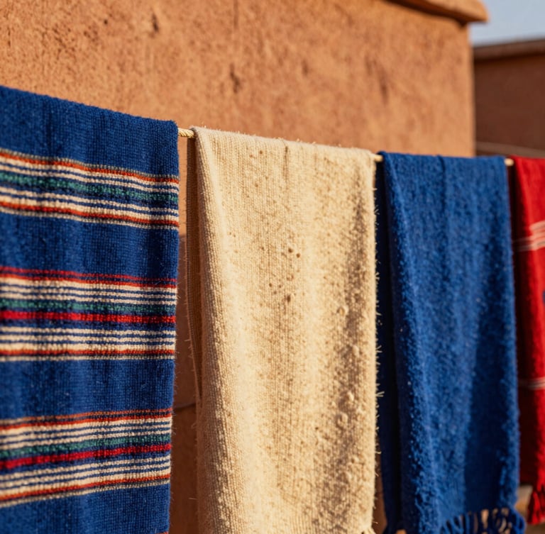 Close-up of hand-woven Berber wool textiles drying in the sun against a terracotta wall, rich textures, warm golden hour light, shallow depth of field