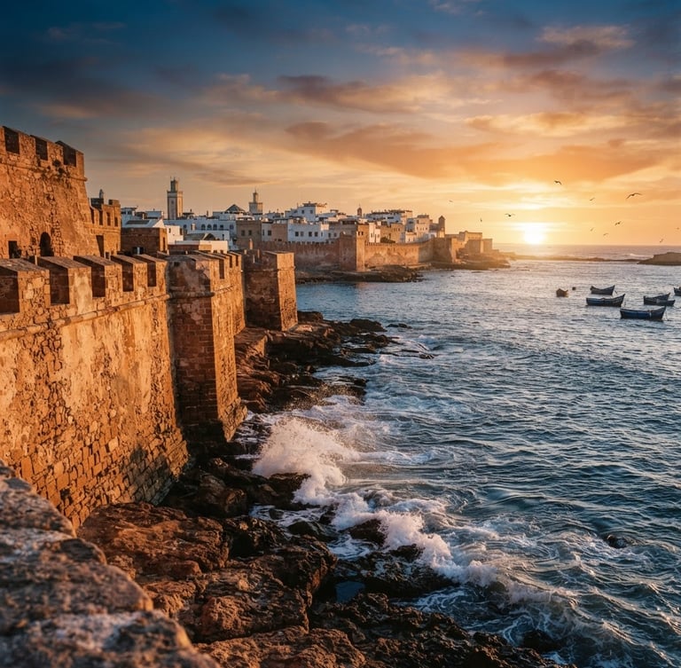 Wide environmental shot of the Essaouira coast at golden hour, waves crashing gently against historic stone ramparts, soft warm lighting, 35mm photography.