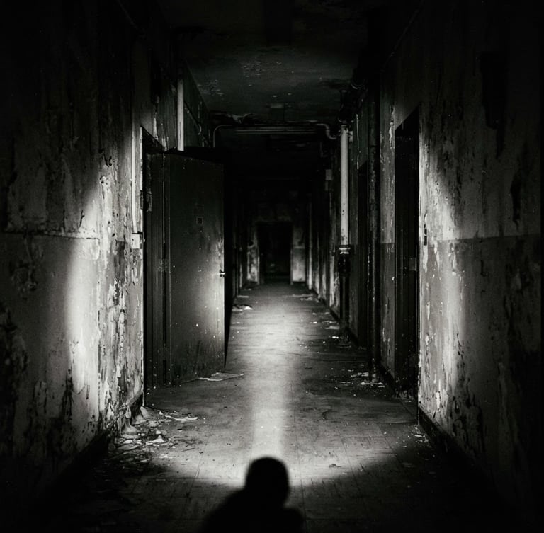 Eerie atmospheric photography of an empty, dimly lit hallway with high-contrast shadows and a harsh flashlight beam cutting through the darkness, grainy 35mm film.