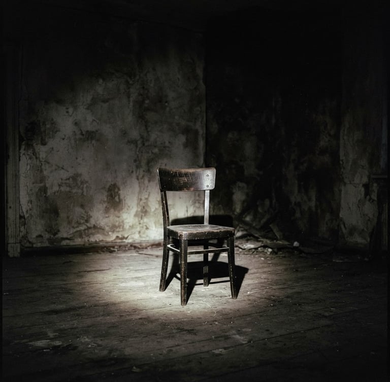 Eerie empty room with a single wooden chair under a harsh flashlight beam, high-contrast shadows, grainy desaturated tones, cinematic 35mm film