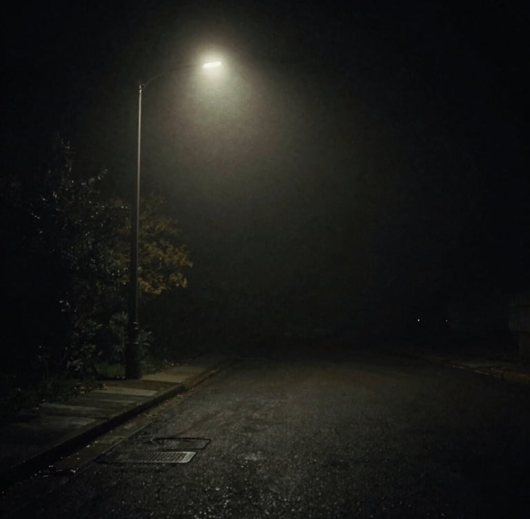 A dark empty street at night under a single flickering streetlight, heavy fog, high-contrast shadows, eerie atmosphere, cinematic 35mm film.