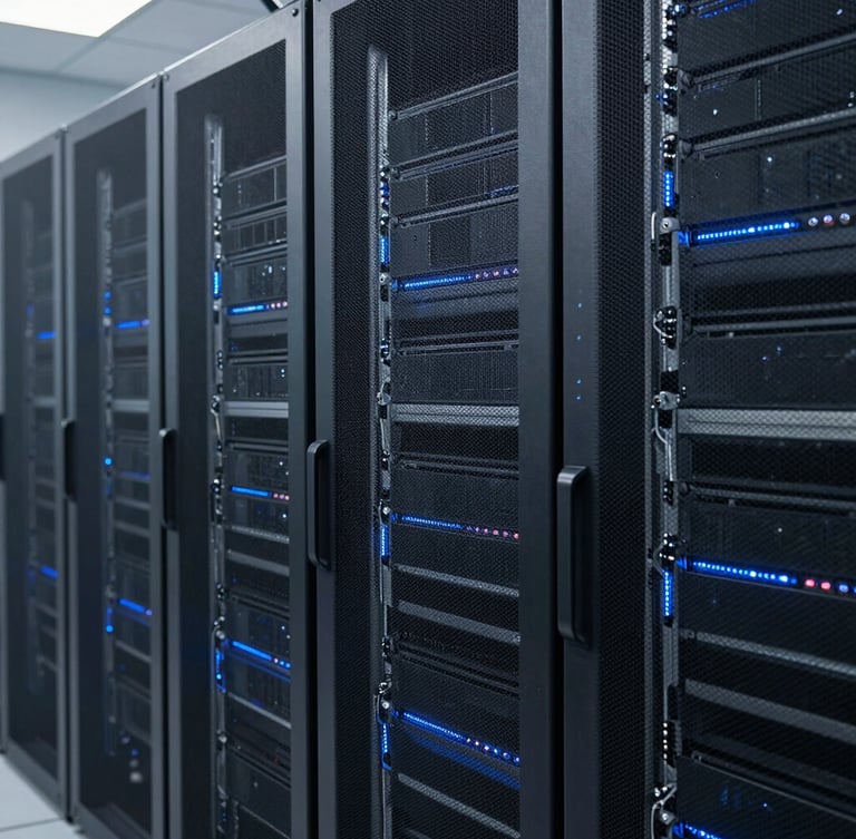 Professional, cool-toned image of a server room with subtle blue backlighting, showing structured technology. Crisp corporate photography, sharp focus.