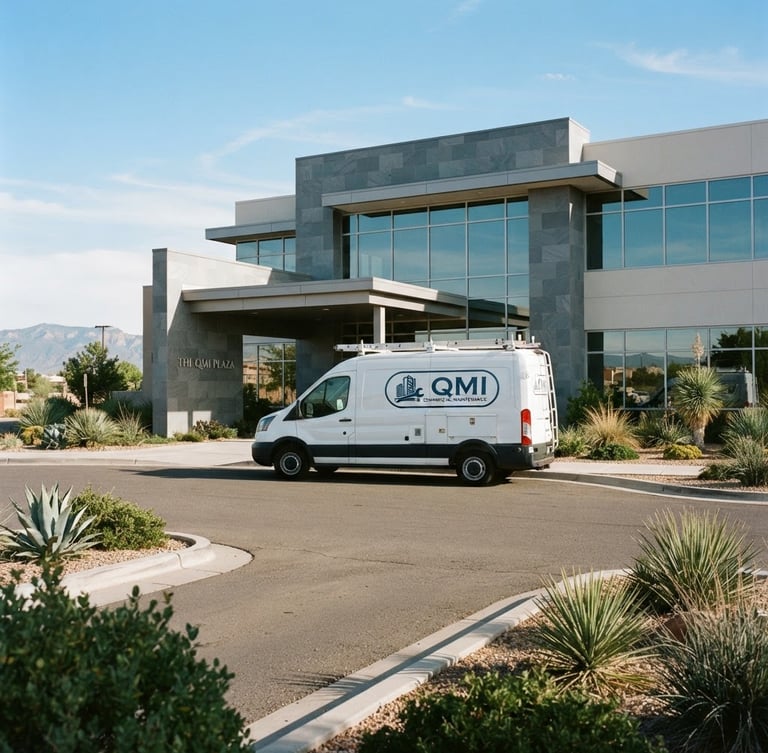 A branded QMI commercial maintenance vehicle parked in front of a clean, modern Albuquerque office building under bright, natural New Mexico daylight, wide angle.