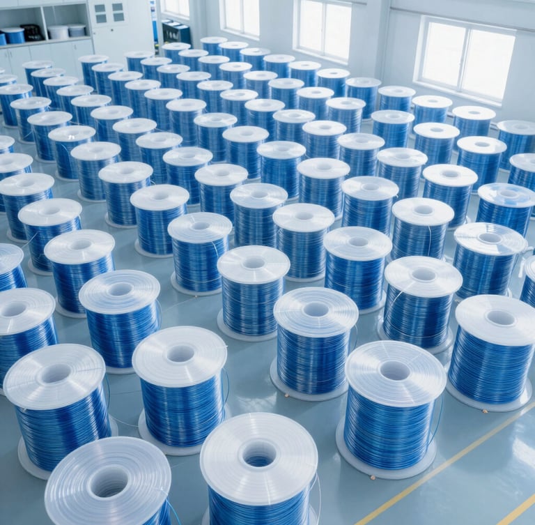 High-angle architectural shot of a massive clean-room warehouse filled with organized rows of fiber optic cable spools, bright daylight, cool blue tones.