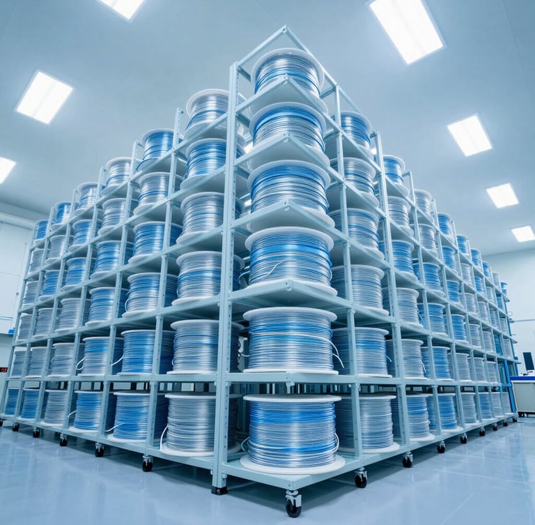 Wide-angle architectural shot of a massive, brightly-lit clean-room warehouse with towering racks of fiber optic cable spools, cool blue tones, sharp focus.