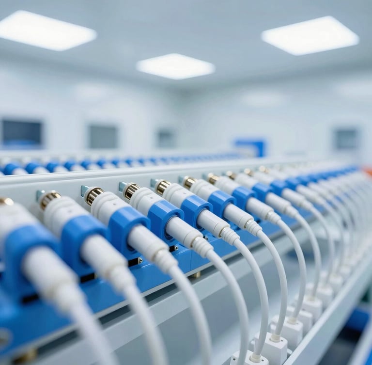 Macro shot of high-density fiber optic terminations in a clean room, bright high-key industrial lighting, cool blue and clean white tones, sharp focus