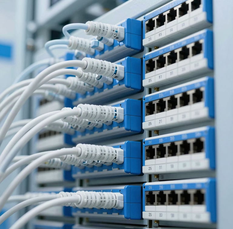 Macro shot of a high-density fiber optic patch panel with clean blue and white laser-etched ports, bright high-key industrial lighting, sharp focus.