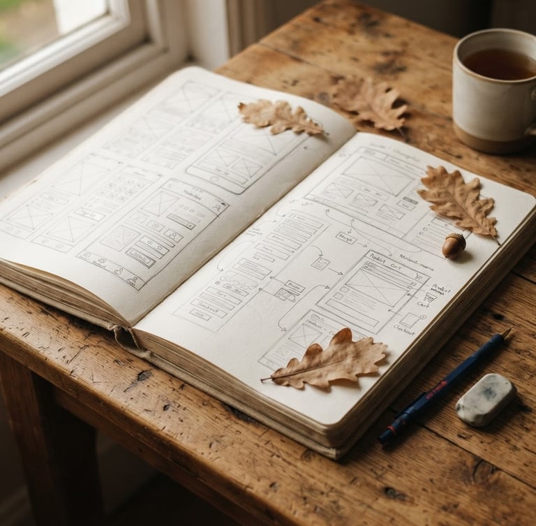 A physical sketchbook open on a wooden desk, showing detailed pencil wireframes alongside natural oak leaves, soft window light, warm editorial style