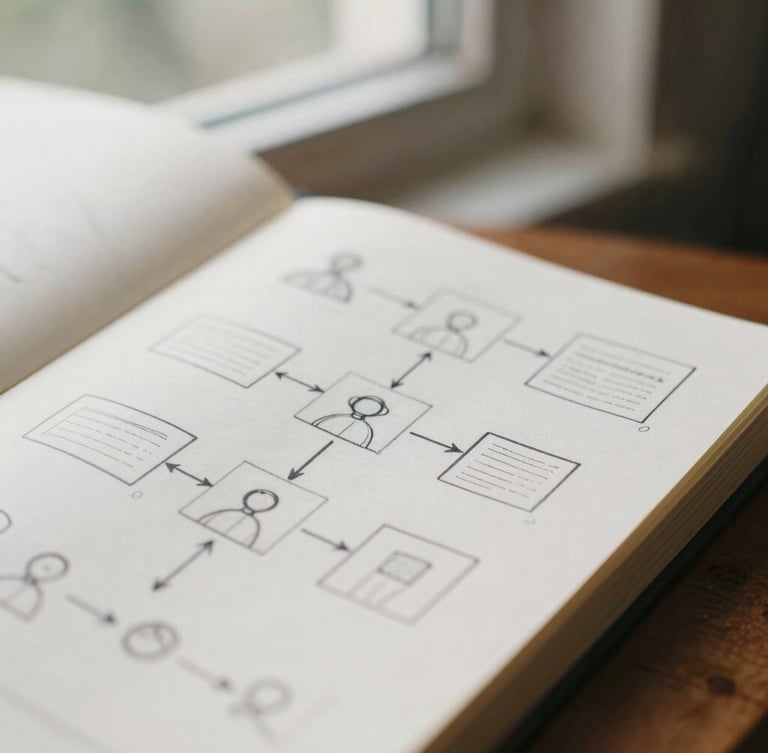Close-up of a physical sketchbook with hand-drawn user flow diagrams and wireframe concepts, soft natural window light, shallow depth of field.