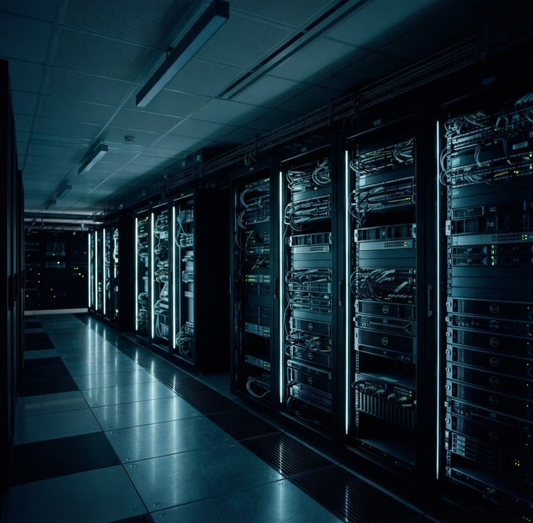 Sleek corporate server room with cool low-key studio lighting, deep navy and teal accents, sharp focus, architectural framing, 35mm