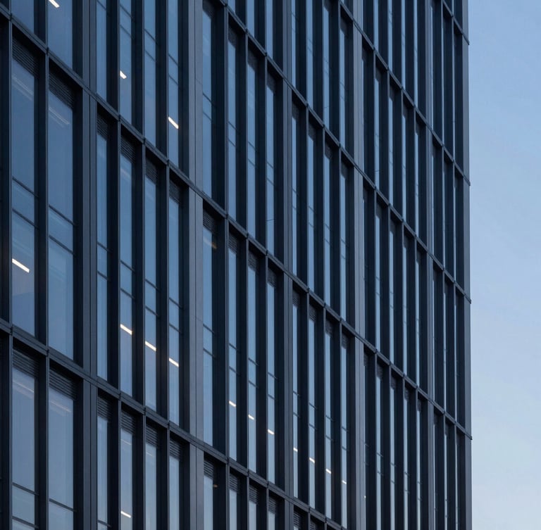 Architectural lines of a modern corporate office building facade at blue hour, cool tones, sharp focus, 35mm