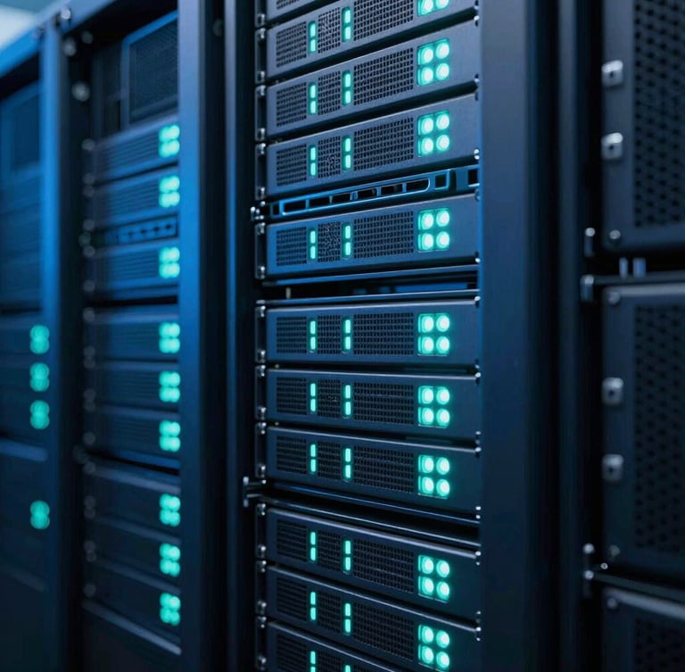 Macro shot of high-end enterprise server racks, cool-toned blue and neon teal status lights, sharp focus, 35mm