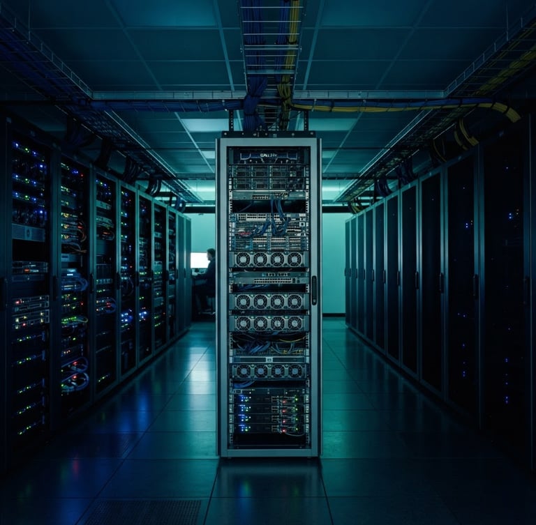 Sleek corporate server room, cool low-key studio lighting, deep navy and teal accents, sharp focus, architectural framing, 35mm