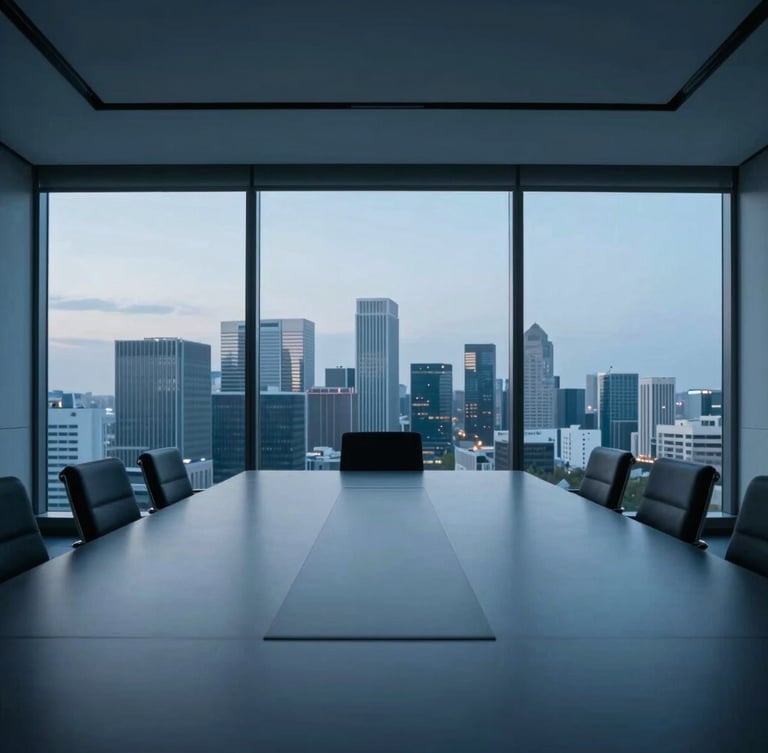 Minimalist corporate boardroom overlooking a modern city skyline at blue hour, clean architectural lines, cool tones, 35mm